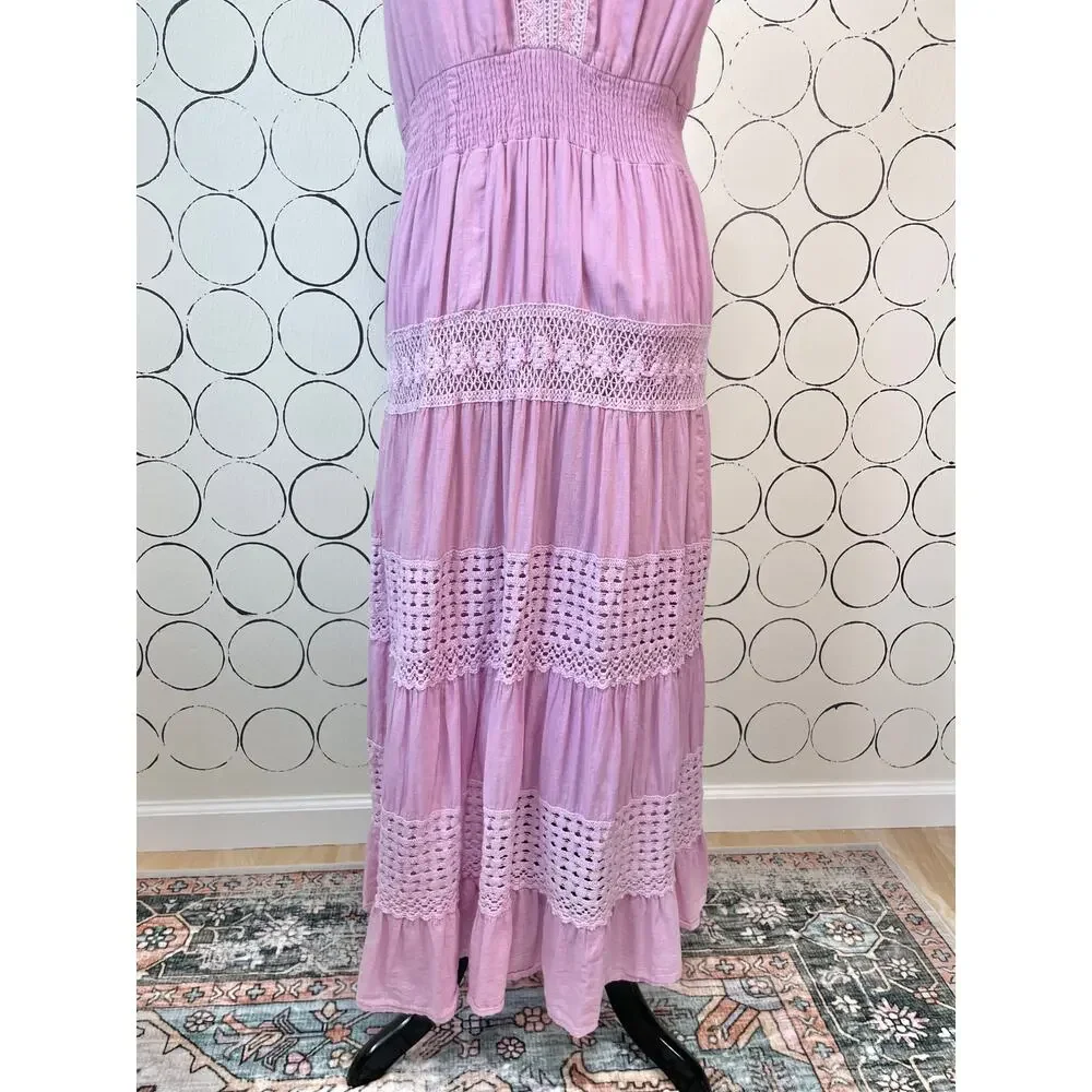 Crochet Tiered Maxi Dress Womens L Pink Purple Cottage Boho Romantic Cotton - Picture 11 of 15